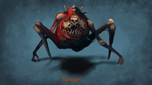 Painted concept art labeled Morgen: a bloated red body with skulls in its gaping mouth, carried on long bony limbs, against a blue background