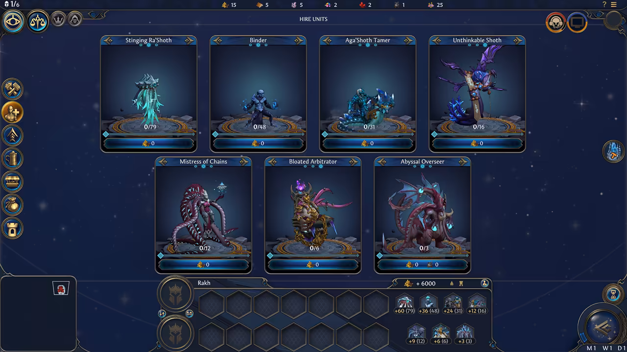 Seven blue-framed cards on a starry background, four above and three below, each showing a creature on a round pedestal: a teal jellyfish, a blue humanoid, a spiked beast with a rider, a purple winged horror, a tentacled woman, a gold-armored bloated figure with a purple flame and a winged red monster. Town buttons run down the left and a garrison panel sits at the bottom.