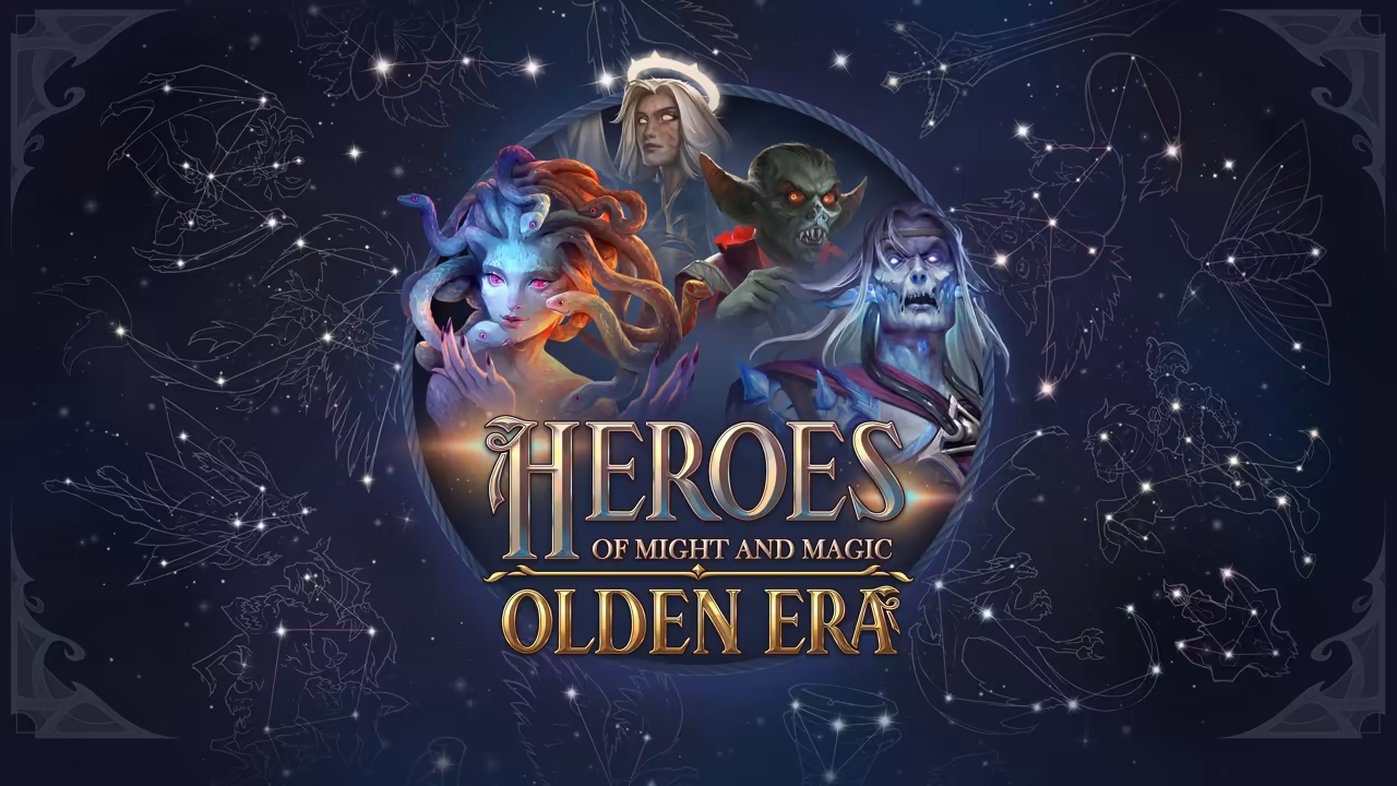 Key art on a dark blue night sky traced with constellation drawings of creatures. In the center a round frame holds four faces: a snake-haired woman with pink eyes, a white-haired woman with a halo, a grinning green goblin and a gaunt blue undead with white hair. The gold and silver logo reads Heroes of Might and Magic Olden Era across the bottom of the frame.