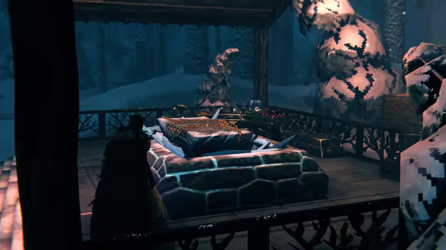 A Viking in a fur cloak stands beside a stone-based workstation holding a chained, frost-covered mould under a timber canopy, with snowy trees and a snow-covered troll-like figure behind.