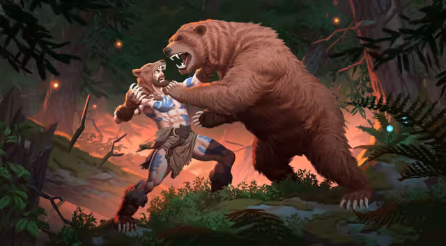 Painted artwork of a bare-chested, blue-painted Viking wearing a bear's head as a hood, locked in a struggle with a huge brown bear that rears over him among ferns and pine trees.