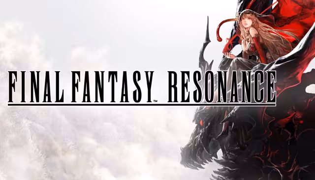 The words FINAL FANTASY RESONANCE in tall black letters over a pale cloudy sky. At right, a woman with long light brown hair, a red hood and red sleeves sits on the head of a black dragon with jagged spines and a red eye.