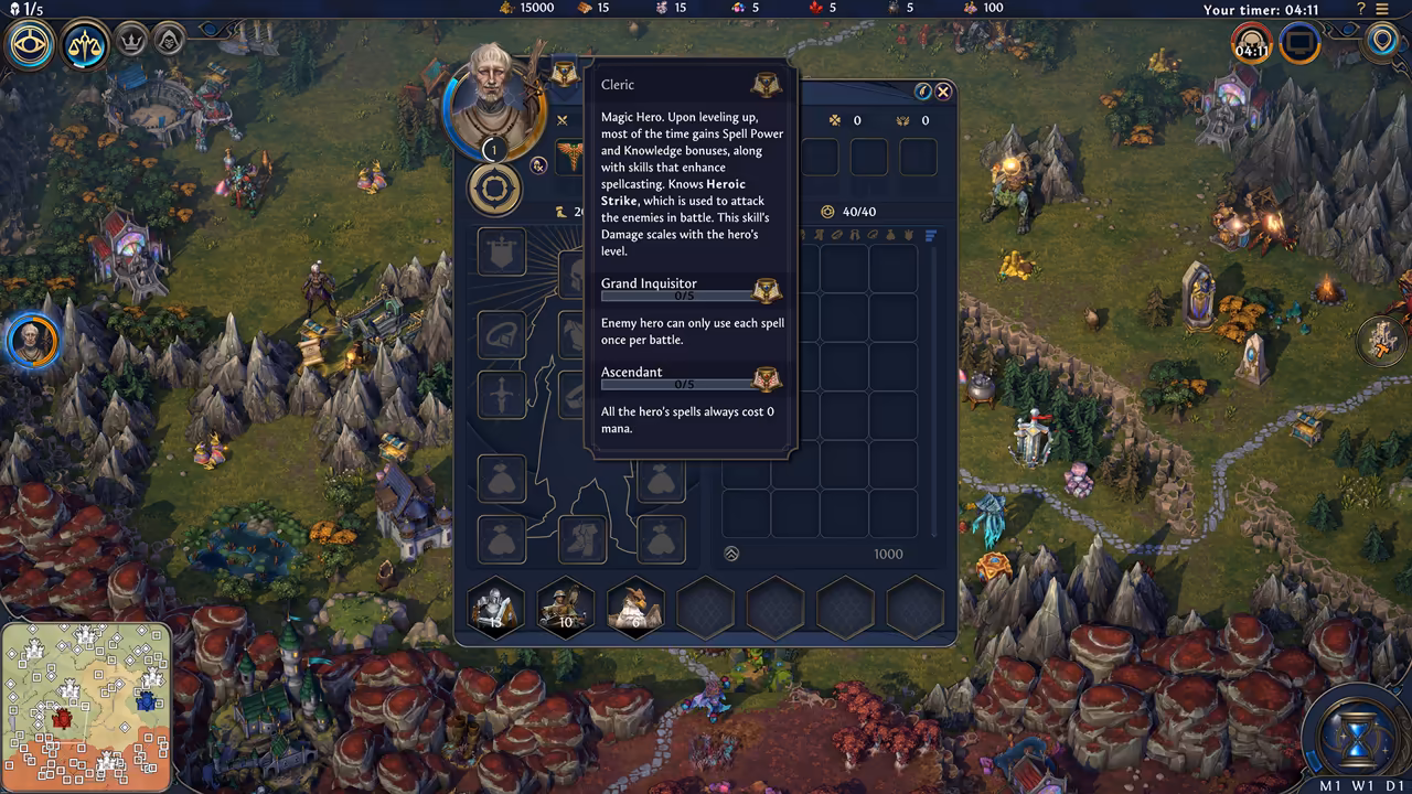 A hero window over a green adventure map with red mushroom-shaped rocks at the bottom. An old bald hero portrait sits at the top left, and a dark tooltip box covers part of the window with the heading Cleric, a paragraph of text and two subclass entries with empty progress bars at 0/5.