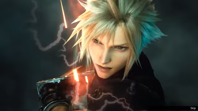 A close-up of a computer-rendered young man with spiky blond hair and a dark high-collared outfit, frowning, with red light and lightning around him; a Skip prompt sits at the corner.