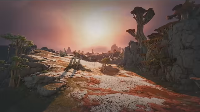 A wide, empty plain covered in patches of white and rust-red growth stretches toward distant rock spires under a pink, hazy sky with a bright sun; on the right, rocky cliffs carry strange trees with flat, layered caps.