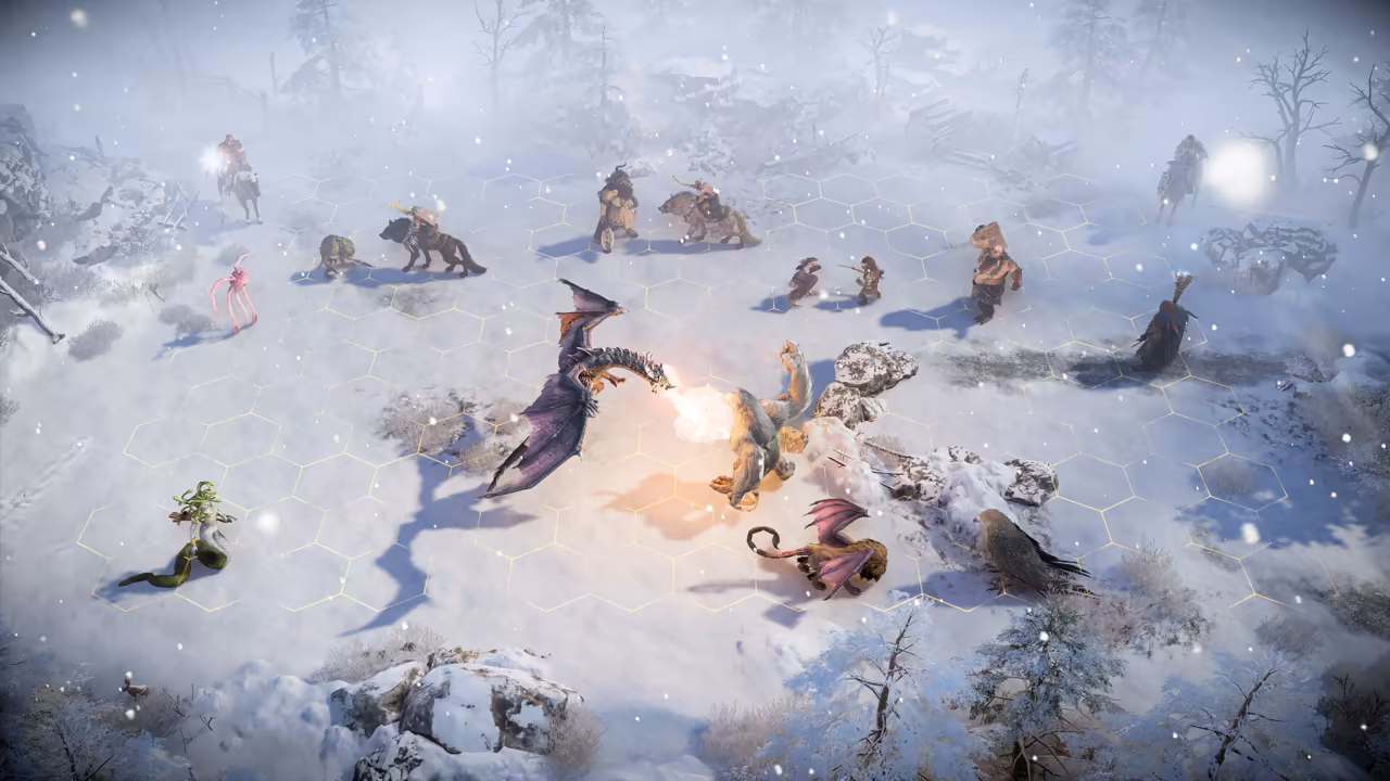A white, snowy 3D battlefield with a faint hex grid and falling snow. In the middle a purple dragon breathes fire at tan griffins; around them stand riders on wolves, a woman with a snake's tail and other creatures.