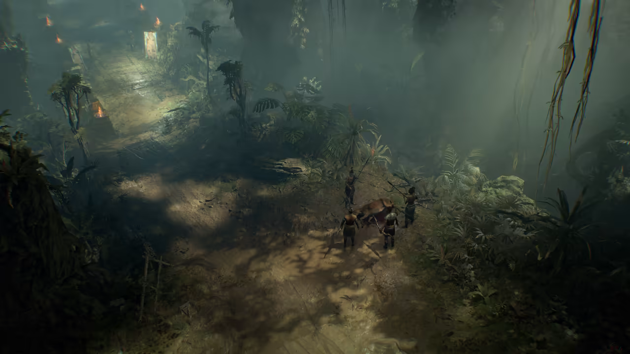 A shadowy jungle clearing with tall ferns and hanging vines. Four figures with spears stand around a dead animal on the path; at the top left a trail leads toward ruins lit by torches.