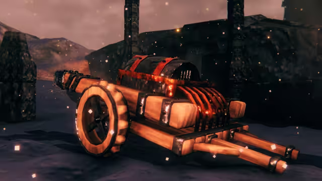 Screenshot of a wheeled wooden siege engine with a banded iron head and glowing red coils, parked on ash before dark stone walls and pillars