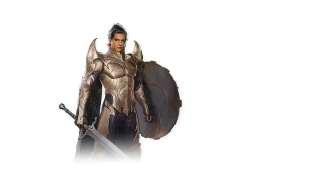 A dark-haired man in ornate golden armor with pointed shoulder plates and a dark cloak holds a longsword lowered in his right hand and a large round bronze shield on his left arm, on an empty background.