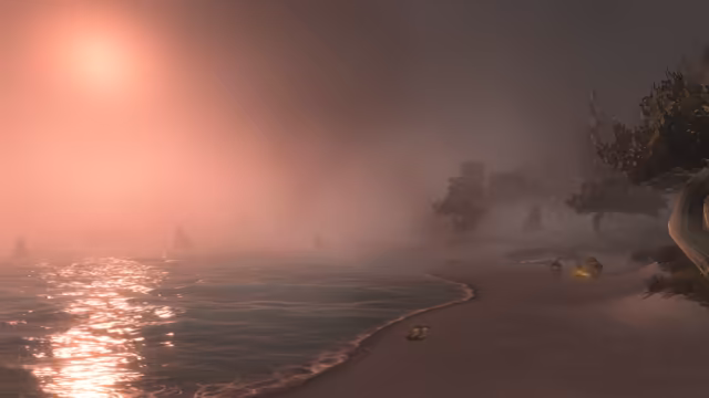 Pink light from a low sun fills a thick fog over a calm sea dotted with pointed rocks, its reflection glittering on the water. Waves foam along a curving sandy beach, where two small figures stand by a campfire beneath dark, twisted trees.