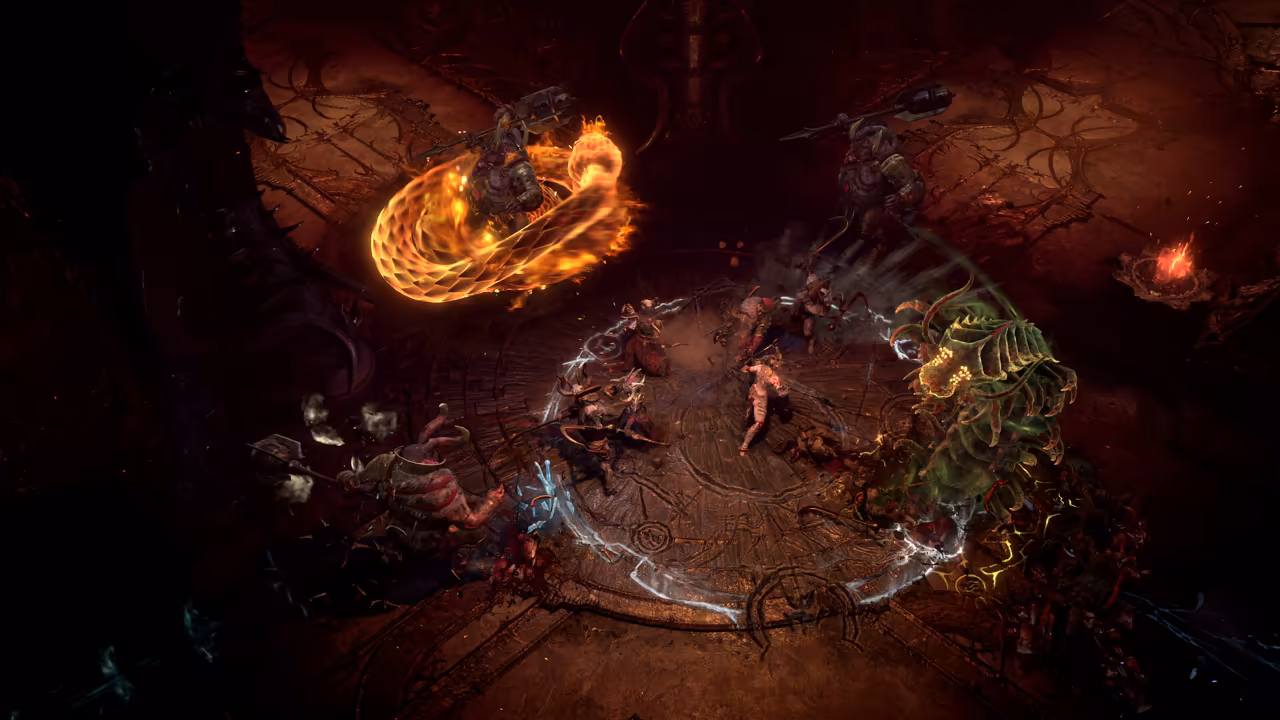 Top-down view of a circular stone arena in deep red light. A long snake made of fire loops at upper left, a ring of white light circles fighters in the middle, and a leafy green creature looms at right.