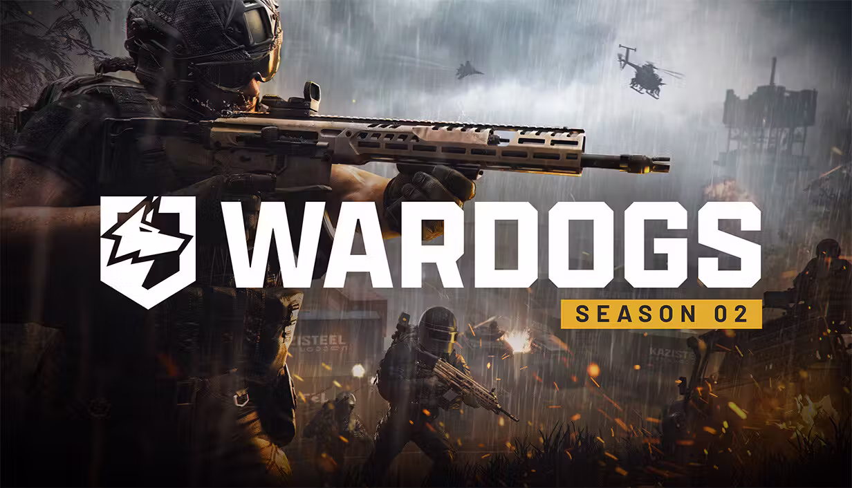 A soldier in the foreground aims a long rifle to the right; behind him are infantry, a burning tank, two helicopters and a water tower in heavy rain. At left, a white shield with a dog's head and the word WARDOGS, with SEASON 02 on a yellow band.