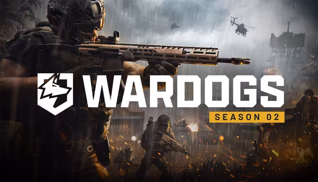 A soldier in the foreground aims a long rifle to the right; behind him are infantry, a burning tank, two helicopters and a water tower in heavy rain. At left, a white shield with a dog's head and the word WARDOGS, with SEASON 02 on a yellow band.