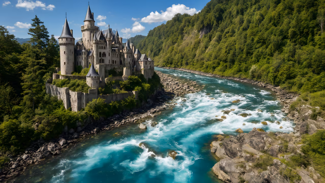 A stone castle above a rushing turquoise river