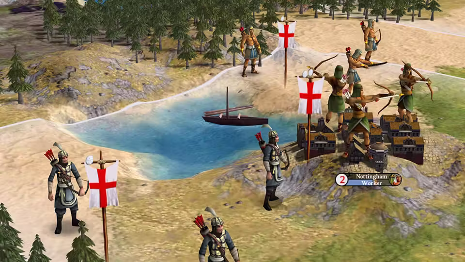 3D close-up of archers drawing bows and soldiers with quivers beside white banners with a red cross, a small walled town labeled Nottingham, Worker, and a boat on a blue inlet.
