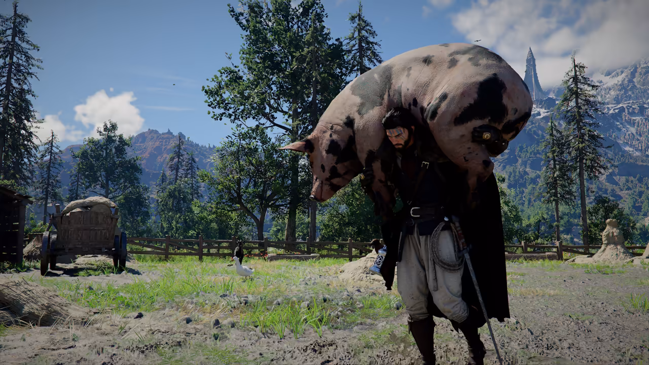 In a farmyard of trampled grass, a man in a dark coat and pale trousers carries a huge black and pink spotted pig across his shoulders, its legs hanging down. A wooden cart, a fence, haystacks and a white goose surround him, with pine trees and a jagged mountain peak behind.