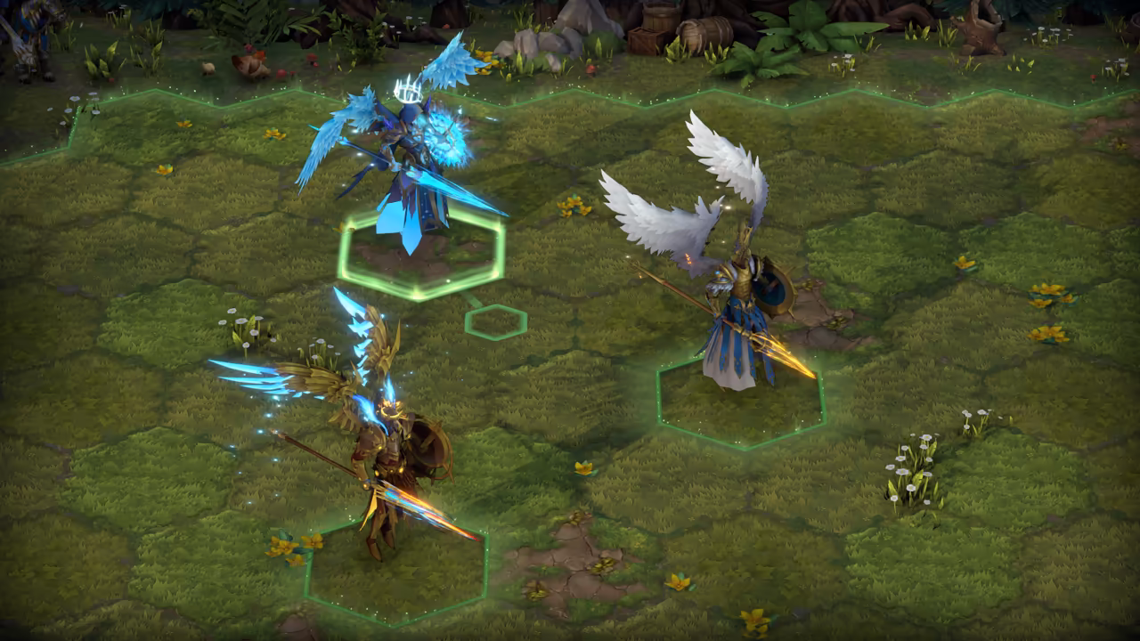 A green battlefield of grass hexagons with green outlines on three of them. A figure with glowing ice-blue wings and a halo stands at the top, a figure with large white feathered wings and a gold spear at the right, and a gold-armored figure with blue-tipped wings and a long spear at the bottom left.