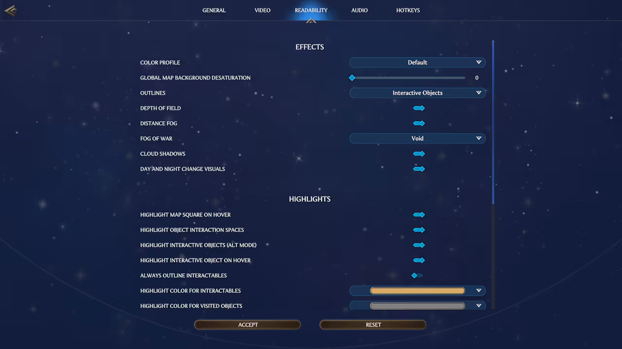 A settings screen over a starry dark blue background. Tabs across the top read General, Video, Readability, Audio and Hotkeys, with Readability lit. Two sections, Effects and Highlights, list options in white capitals with blue toggles, sliders and drop-down menus on the right, and Accept and Reset buttons sit at the bottom.