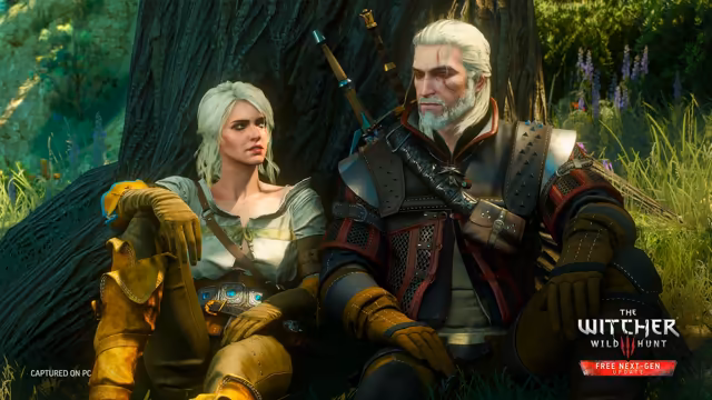 A young woman with ashen hair, a white blouse and yellow leather gloves and boots leans back against a dark tree trunk, looking toward a white-haired, bearded man in black and red armor seated beside her. Green grass and purple flowers surround them; Captured on PC is at lower left and The Witcher Wild Hunt logo with a Free Next-Gen Update banner is at lower right.