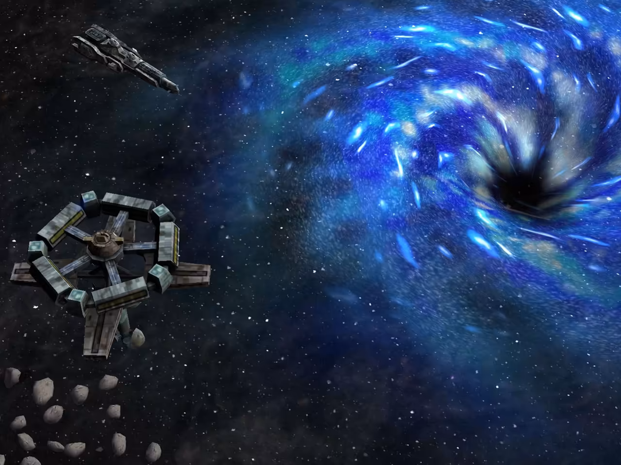 Space scene with a round station with spokes at left, a ship at top, gray asteroids at bottom left and a bright blue spiral with a dark center at right.