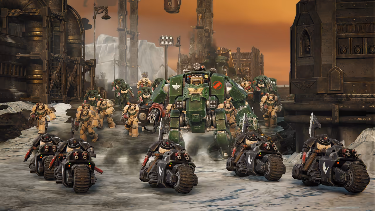 Black bikers in the foreground, armored figures in pale armor around a dark green walker, gothic towers and an orange sky behind.