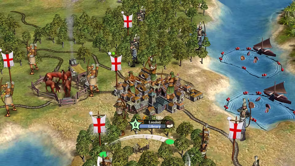 3D map of a coastal city of stone buildings labeled London with Library beneath, ringed by soldiers, horsemen and white banners with red crosses, with sailing ships in a bay at right.
