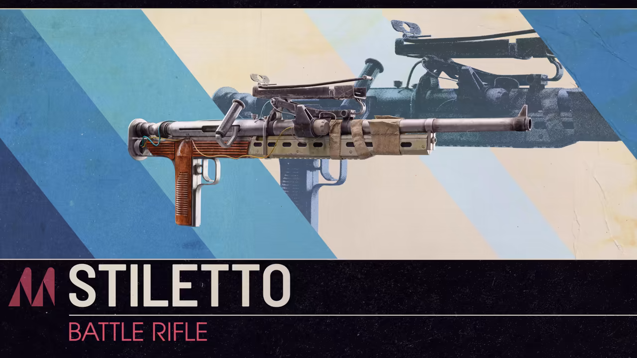 A worn rifle with an orange grip and a top rail, in front of blue diagonal stripes.