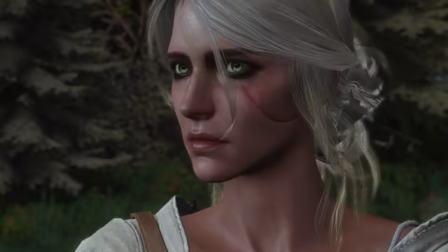 A close-up of a young woman with pale ashen hair tied back, green eyes, dark eye makeup and a long scar across her left cheek, wearing a white shirt with a leather strap over the shoulder. Dark green forest fills the background, and no game interface is shown.