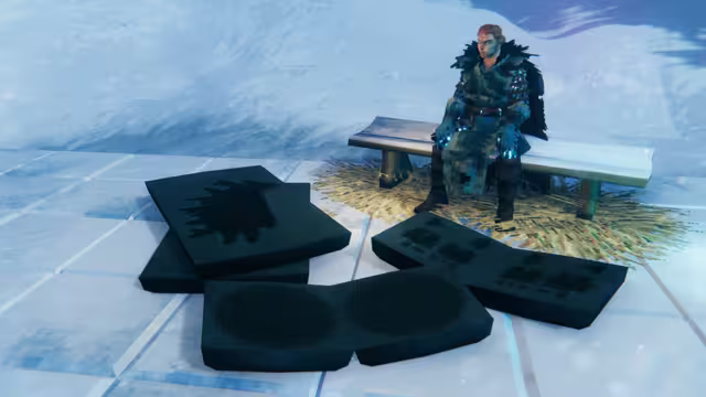 In-game screenshot of four dark gray stone slabs lying on an icy tiled floor, each pressed with a hollow shape such as a pair of round forms or a jagged outline, while a Viking in a fur-collared coat sits on a snowy bench on a patch of straw behind them
