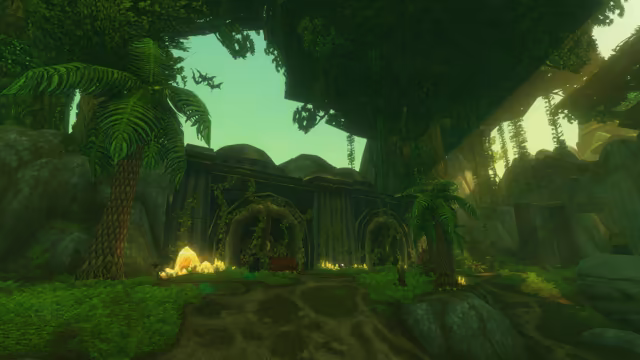 Under a huge overhanging canopy of leaves, a dark stone building with rounded domes and two arched doors is wrapped in green vines, with clusters of glowing yellow crystals and a red sail-backed reptile at its base. Fern trees stand on both sides of a muddy path, and three winged reptiles fly across the pale green sky.