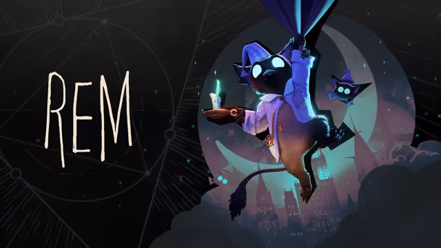Painted tiny figure in a blue hooded robe with big glowing eyes, hanging from a lamp and holding a candle in a saucer, a small dark creature with a lantern face beside it, a crescent moon and night city behind, and the word Rem.