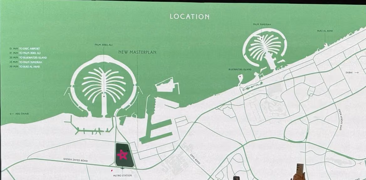 Location map from the launch presentation: Palm Springs beside Sheikh Zayed Road and a metro station, near Palm Jebel Ali