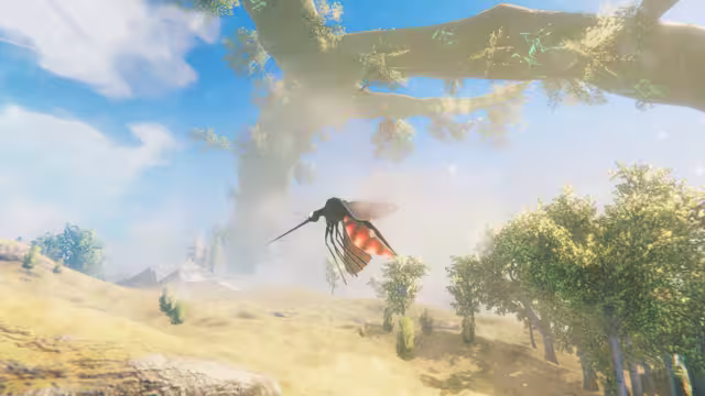 A giant mosquito with a needle-like proboscis, dangling black legs, translucent wings and an orange-red striped abdomen flies over golden grass and small trees, with a huge mossy tree branch across a blue sky above