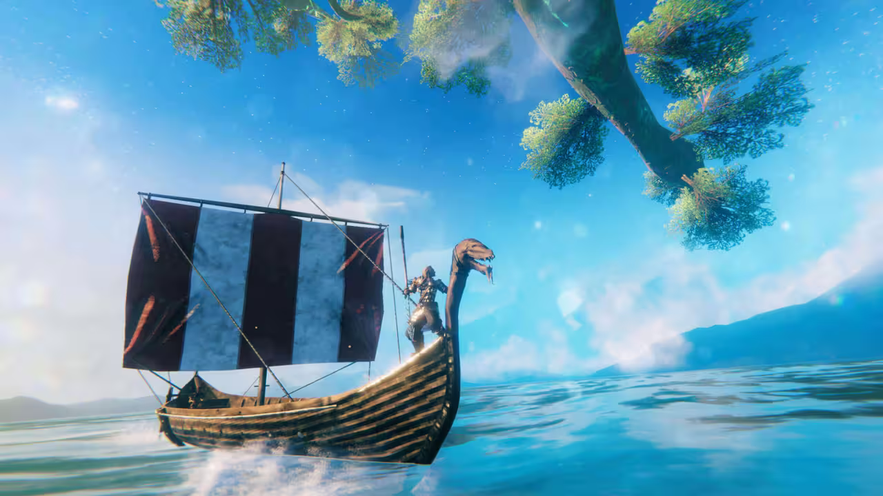 Screenshot of a wooden longship with a striped red and white sail on bright blue water, a Viking at its dragon-headed prow, a huge green tree branch overhead