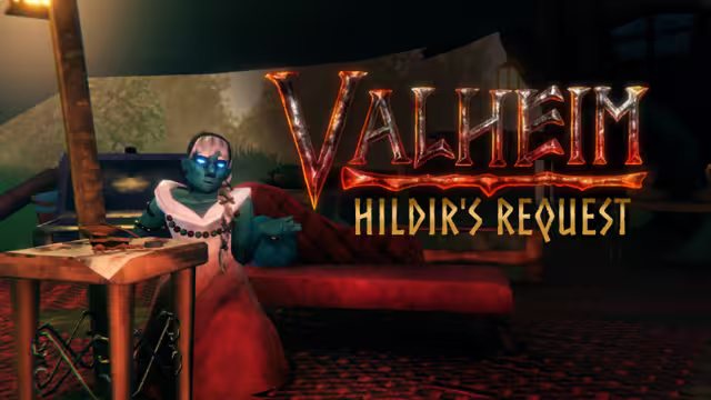 In-game screenshot used as the update's header: a blue-skinned Dvergr woman in a pink and white dress with a beaded necklace and glowing blue eyes reclines on a red divan inside a tent, a small map table in front of her, with the Valheim logo and the words Hildir's Request over the scene