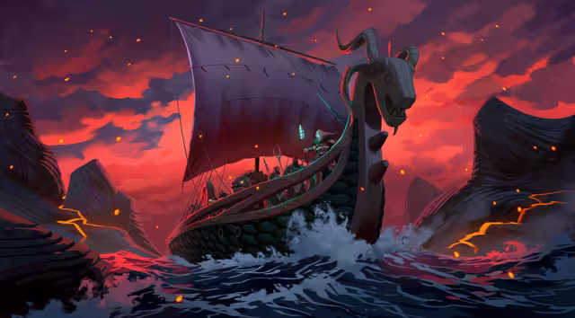 Painted key art of a large Viking ship with a scaled hull and a horned, carved figurehead ploughing through dark waves under a red sky full of embers, armed Vikings on deck and lava glowing in the cracks of the rocks on either side