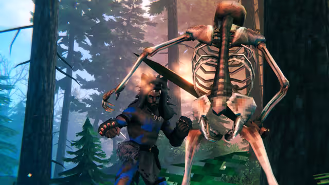 Screenshot of a bearded Viking in a bear-head hood and blue body paint raising clawed fists at a tall skeleton holding a sword, among pine trees in misty light