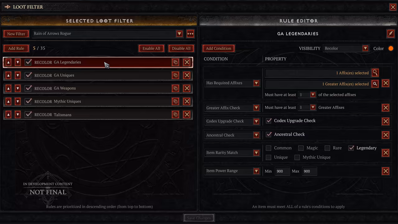 A two-panel menu. Left: a list of five rules with checkboxes and arrows. Right: a rule editor titled GA Legendaries with conditions such as Has Required Affixes, Greater Affix Check, Codex Upgrade Check, Ancestral Check and Item Rarity Match, with Mythic Unique among the rarity boxes.