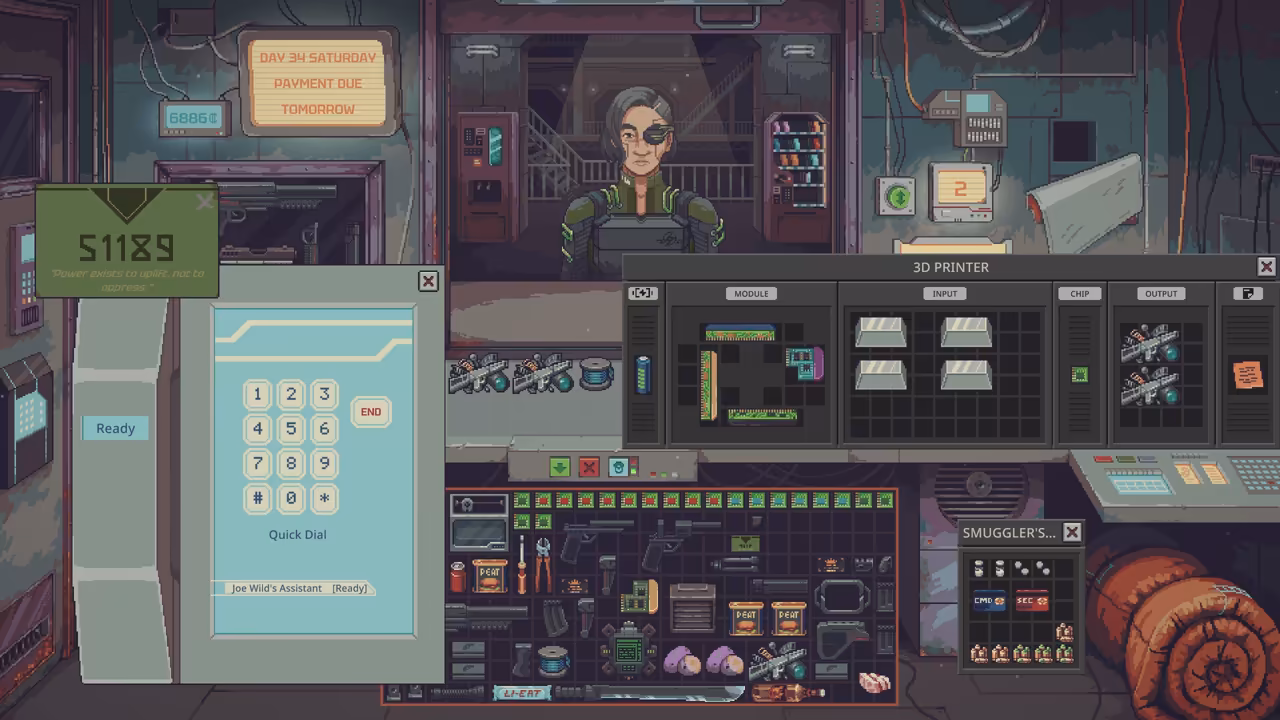 A wall safe display, a teal phone keypad, a 3D printer window with modules and a customer with an eye patch behind the window.