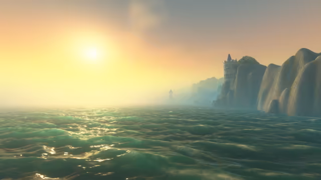 Rolling green waves glitter under a low, hazy sun. On the right, steep gray-green cliffs rise from the sea with a round stone tower on top, and further along the coast a slender tower and what look like ships' masts fade into the mist.