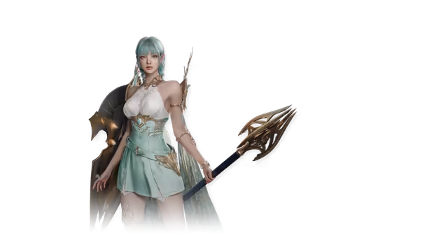 A woman with long teal hair in braids wears a white and mint-green halter dress with gold armor pieces and armbands, holding a long mace topped with an ornate golden winged head, a dark round shield slung behind her, on an empty background.