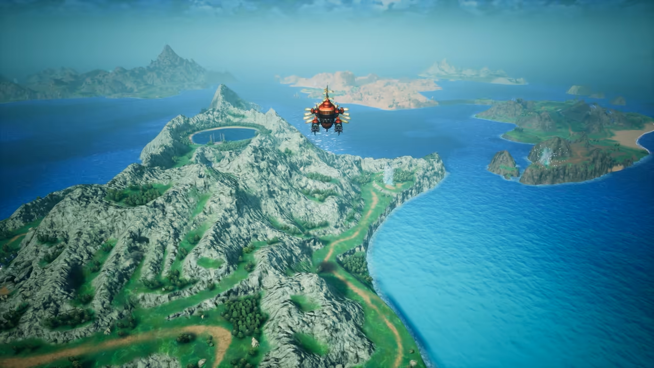 An overhead view of a world map: a mountain ridge with a small lake in a crater, green valleys and roads, a coast of turquoise water and more islands toward the horizon, with a round red and gold airship in the sky.
