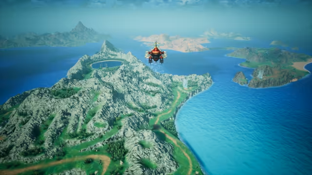 An overhead view of a world map: a mountain ridge with a small lake in a crater, green valleys and roads, a coast of turquoise water and more islands toward the horizon, with a round red and gold airship in the sky.