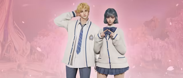 Against a soft pink background of blossoming trees and falling petals, a young man with curly blond hair in a cream cardigan with navy stripes, a white shirt, a striped navy tie and gray trousers stands beside a young woman with short blue-gray hair in a matching cardigan, a navy bow and a pleated plaid skirt, her fingertips touching to form a point.
