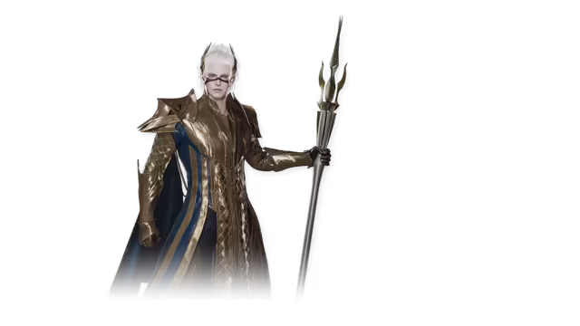 A man with swept-back white hair and a dark band across his eyes, in a long quilted gold coat with navy panels and high spiked shoulders, holds a tall silver staff with a forked, flame-like head, on an empty background.