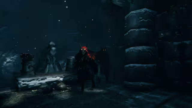 Two horned werewolf-like creatures with glowing eyes, one in a red hood, stand in a dark snowy cave beside a hooded stone figure, a stone altar and bloody remains