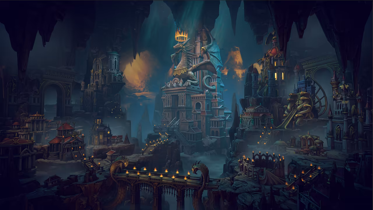A shadowy underground city lit by orange torches. Stalactites hang from the dark ceiling. In the middle a tall stone tower is crowned by a dragon statue wearing a burning crown, a long bridge flanked by serpent statues crosses the foreground, and on the right a statue of snake-haired figures stands before a red-domed palace.