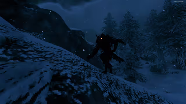 A dark, horned wolf-like creature with glowing orange eyes walks upright along a snow-covered rocky slope at night, with snowy fir trees behind it.