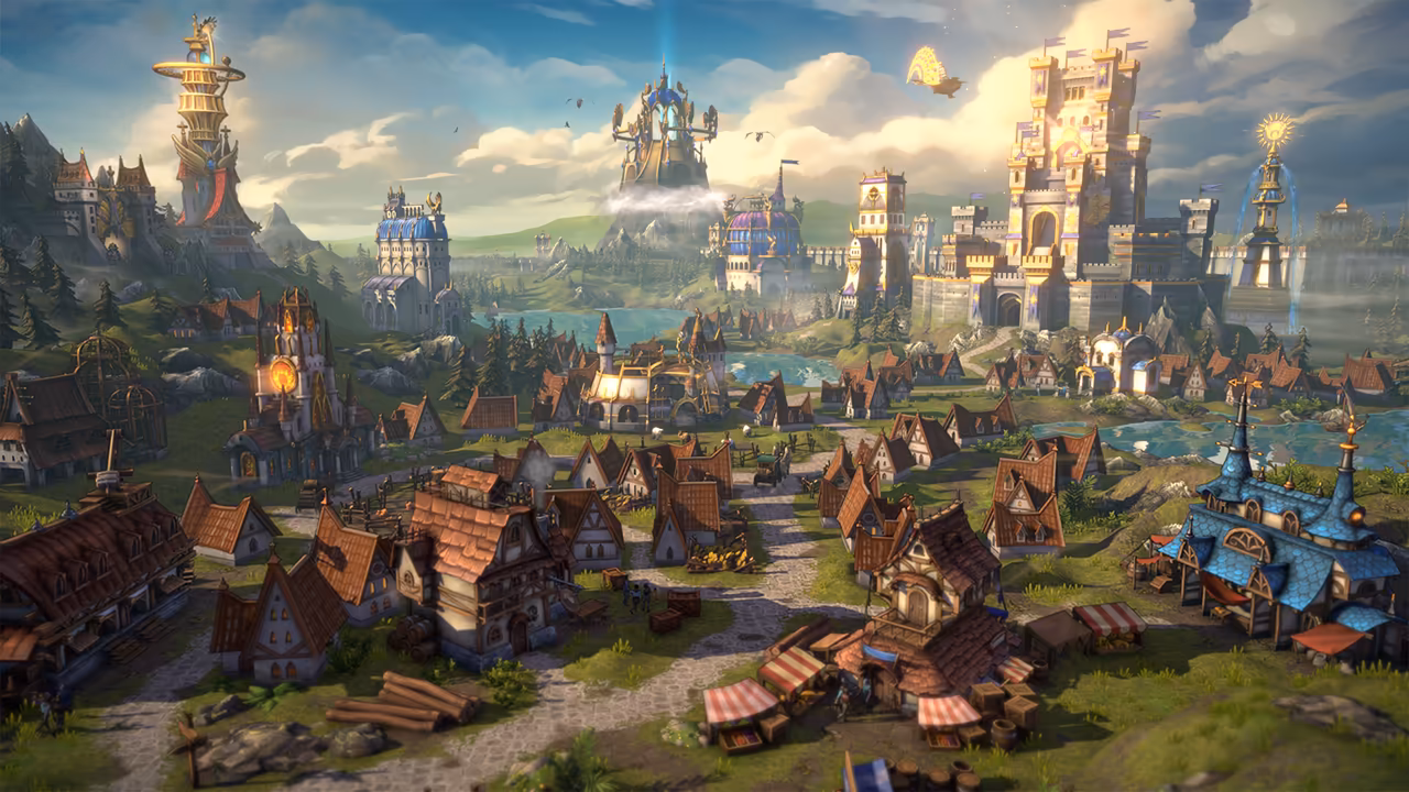 A bright sunny town view. In the foreground, red and brown roofed houses, striped market stalls and a blue-roofed hall line a cobbled road. Behind them stand a gold and white castle on the right, blue-domed buildings, a tall spiral tower on the left and a palace floating on a cloud in the center, with a lake and green hills beyond.