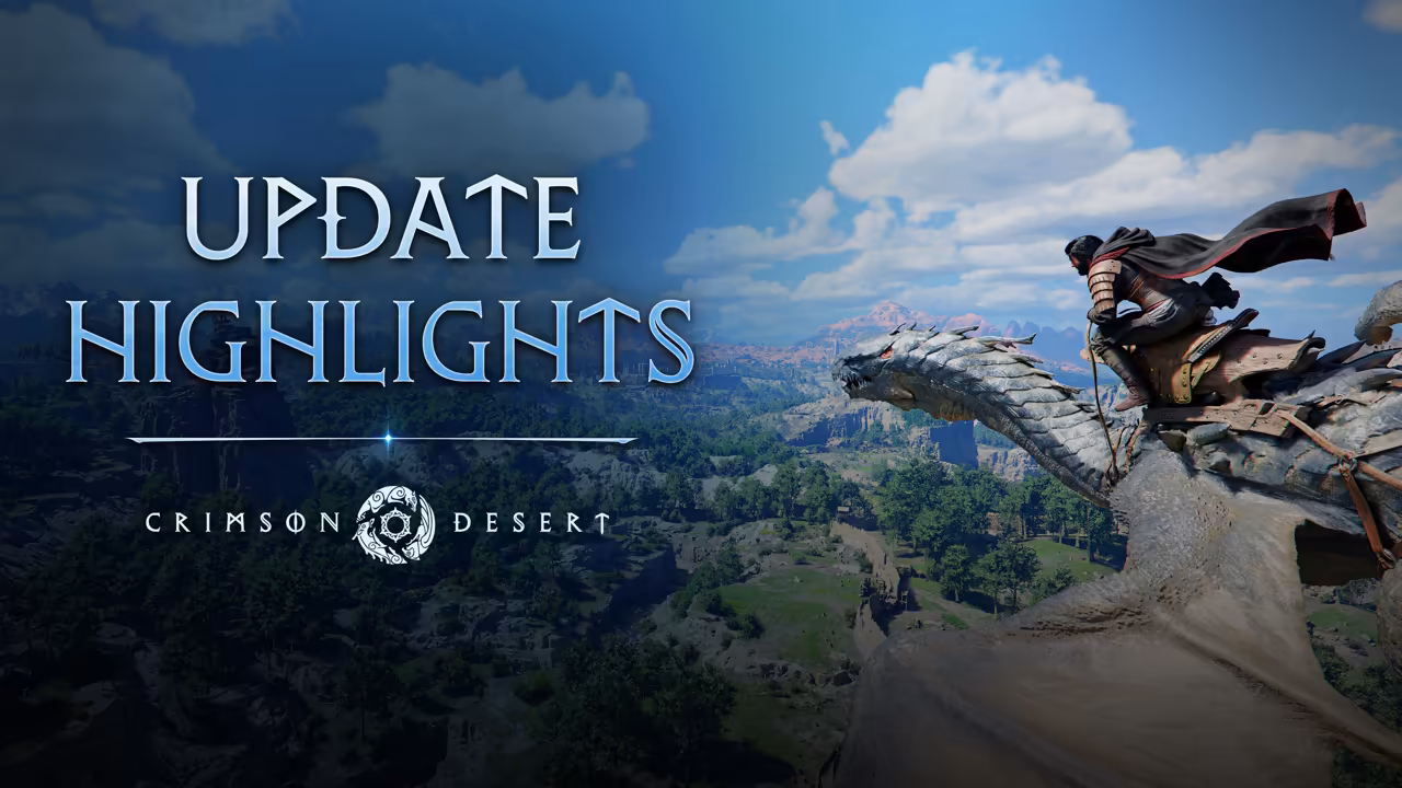 A wide image with the words Update Highlights and the Crimson Desert logo on the left. At right a man in dark armor with a red cape rides on the neck of a large pale gray dragon with spiky scales, flying high above a valley of forests, a lake and red cliffs under a blue sky.